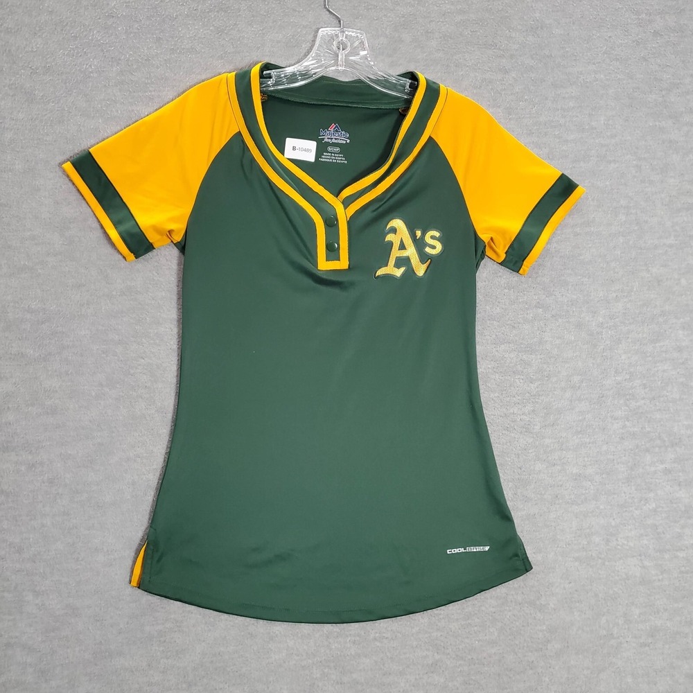 Oaklalnd Athletics Women Shirt Small Green Yellow Colorblock Logo Raglan Sleeve